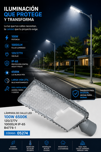 [05274] Lampara de Calle LED 100w 6500k 120/277v 10000lm B47776-1 IP-65