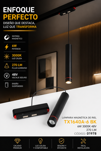 [01978] Lampara Magnética Riel 6w 3000k Suspendido TX1640A-6 BK Magnética 270 lm 48V Negra Premium