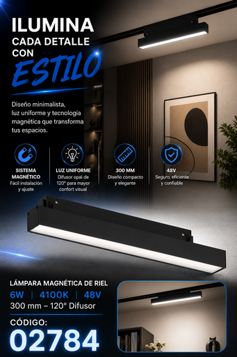 [02784] Lampara Magnética de Riel 6w 4100K 300 mm 120º 48 v 300 mm Difusor