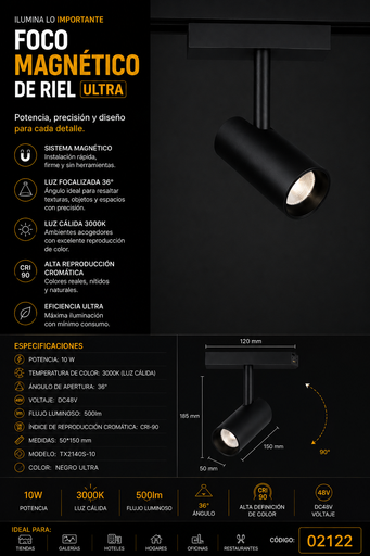 [02122] Foco Magnético de Riel 10 W 3000K TX2140S-10 36º DC48V 500lm CRI-90 50*150 mm Negro Ultra