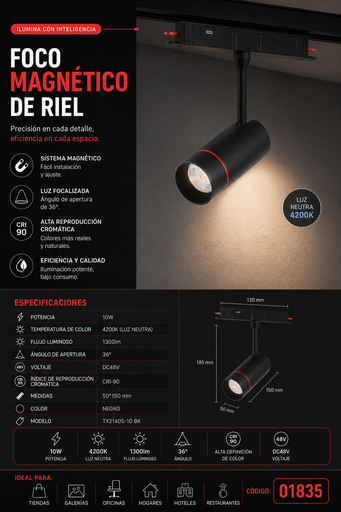 [01835] Foco Magnético de Riel 10w 4200K TX2140S-10 BK 36º DC48V 1300lm CRI-90 50*150 mm Negro