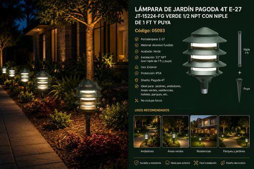 [05093] Lampara de Jardín Pagoda 4T E-27 JT-15224-FG Verde 1/2 NPT Con Niple de 1 FT y Puya