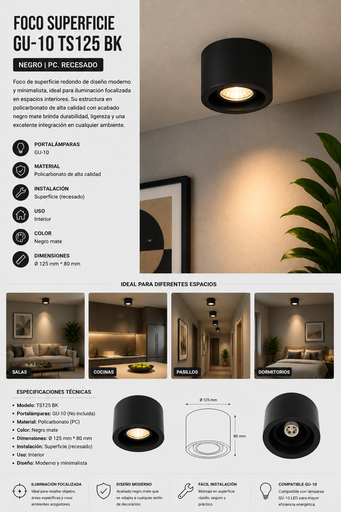 [06748] Foco Superficie GU-10 TS125 BK PC. Recesado Negro 125 mm * 80 mm EVOLIGHT