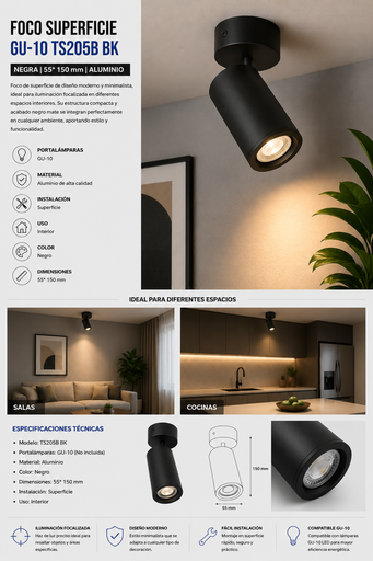 [02061] Foco Superficie GU-10 TS205B BK Negra 55*150 mm Aluminio EVOLIGHT
