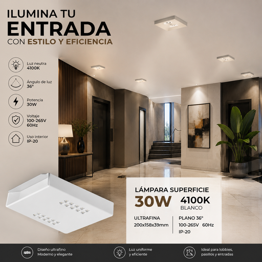 [01857] Lámpara Superficie 30W 4100K DOTS BY-X105-2 Blanco Ultrafina 200x158x39mm Plano 36º 100-265v 60hz