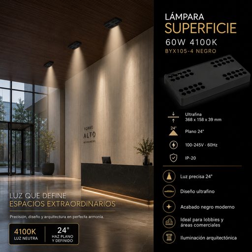 [01856] Lámpara Superficie 60w 4100K DOTS BY-X105-4 Negro Ultrafina 368x158x39mm Plano 24º 100-245v 60hz IP-20