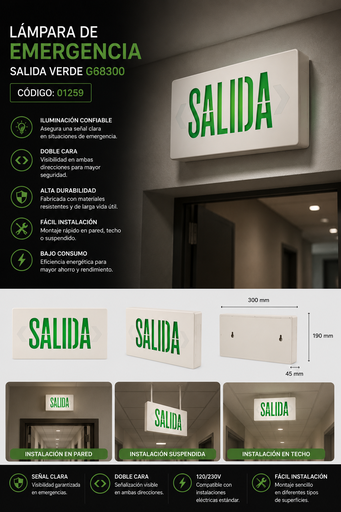[01259] Lampara de Emergencia Salida Verde Roomlux G68300 120/230V 2 Caras