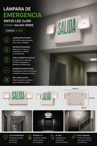 [01258] Lampara de Emergencia SM120 LED 2x3w Combo Salida Verde 9.6v 85-265V 3.7 Batería