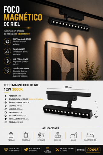 [02695] Foco Magnético de Riel 12 w 3000k 220 mm Basculante Recesada LED 24º, 48v DC
