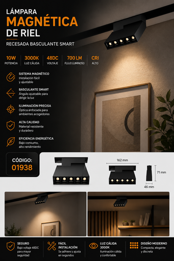 [01938] Lampara Magnética de Riel 10W 3000K 1620 mm 48DC Recesada Basculante SMART Magnético 700 LM CR