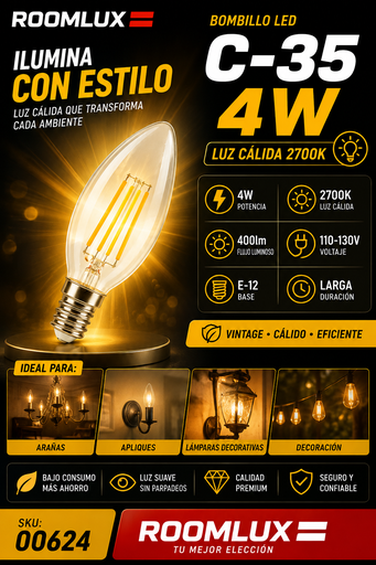[00624] Bombillo 4w 2700k E-12 Vintage CLEAR vela B70102 C-35 400LM 110V-130V ROOMLUX