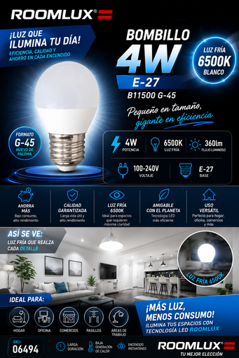 [06494] Bombillo 4W 6500K E-27 B11500 G-45 Blanco ROOMLUX Huevo de Paloma