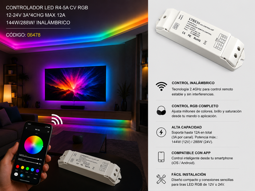[06478] Controlador LED R4-5A CV RGB 12-24V 3A*4CHG MAX 12A 144W/288W/ Inalámbrico