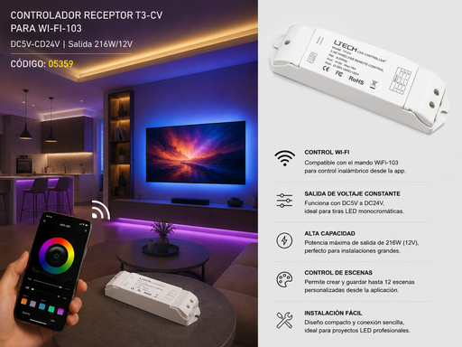 [05359] Controlador Receptor T3-CV para WI-FI-103 DC5V-CD24V Salida 216W/12V LTECH