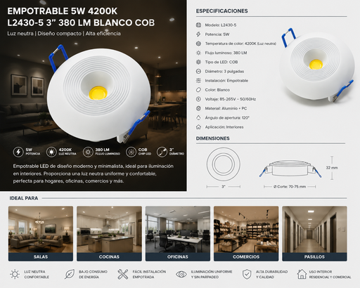 [05476] Empotrable 5W 4200K L2430-5 3" 380 LM BLANCO COB
