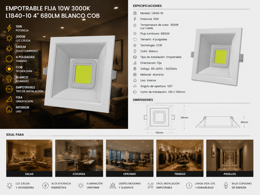[04804] Empotrable Fija 10w 3000k L1840-10 4" 680LM Blanco COB