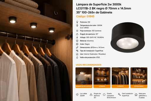 [01845] Lámpara de Superficie 2w 3000k LCG111B-2 BK negro Ø 70mm x 14.5mm 35° 100-265v de Gabinete