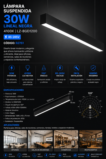 [02751] Lampara Suspendida 30w 4100k LZ-BGD1200 lineal NEGRA 120° 85-265V 1200X40X70