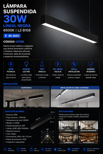 [02769] Lampara Suspendida 30w 6500k LZ-B108 Lineal NEGRA 120° 85-265V 1200X40X70