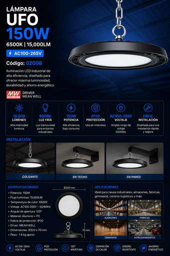 [02008] Lampara UFO 150W 6500K B60716 AC100-265V. MEAN WELL 15,000LM IP20