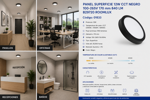 [01833] Panel Superficie 12W CCT NEGRO 100-265V 170 mm 840 LM B29720 ROOMLUX