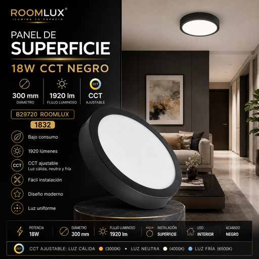 [01832] Panel superficie 18W CCT NEGRO 300 mm 1920 lm B29720 ROOMLUX