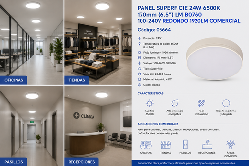 [05664] Panel Superficie 24w 6500k 170mm (6.5") LM B0760 100-240V Redondo 1920LM Comercial