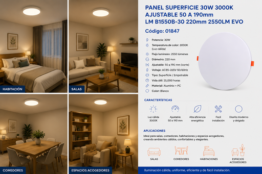 [01847] Panel Superficie 30W 3000K Ajustable 50 a 190mm LM B1550B-30 220mm 2550LM Evo