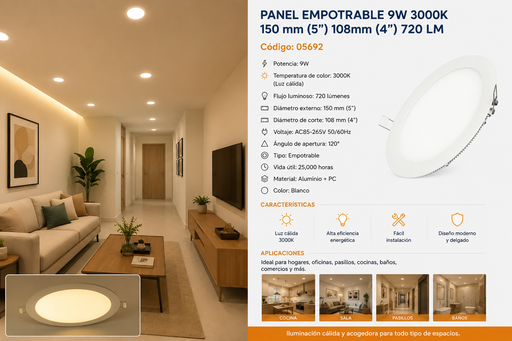 [05692] Panel Empotrable 9W 3000K 150 mm (5¨) 108mm (4¨) 720 LM B29705 ROOMLUX