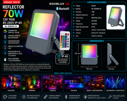 [05518] Reflector 70W 120° RGB 85-265V IP-65 Con Control Remoto ML-RGBWR-04