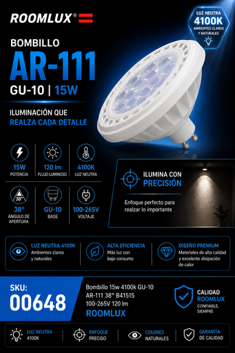 [00648] Bombillo 15w 4100k GU-10 AR-111 38º B41515 100-265V 120 lm ROOMLUX