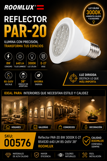 [00576] Reflector PAR-20 8w 3000K E-27 B54530 640 LM 85-265V 38º ROOMLUX