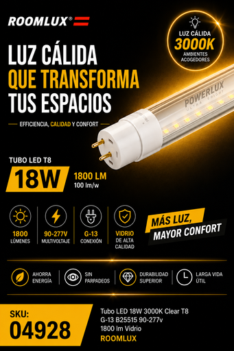 [04928] Tubo LED 18w 3000K Clear T8 G-13 B25515 90-277v 1800 lm Vidrio ROOMLUX