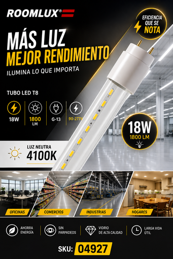 [04927] Tubo LED 18w 4100K Clear T8 G-13 B25515 90-277v 1800 lm Vidrio ROOMLUX