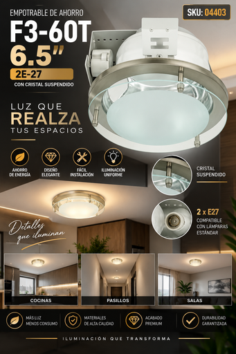 [04403] Empotrable de Ahorro F3-60T 6.5″ 2E-27 C/Cristal Suspendido SN (Outlet)