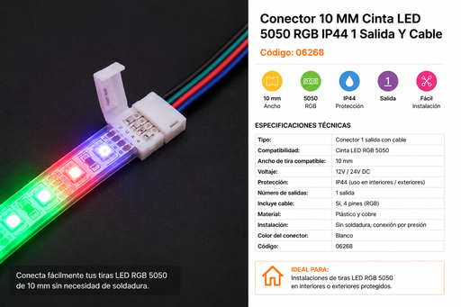 [06268] Conector 10 MM Cinta LED 5050 RGB IP44 1 Salida Y Cable