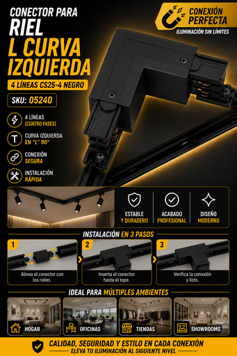 [05240] Conector para Riel L Curva Izquierda 4 Líneas CS25-4 Negro