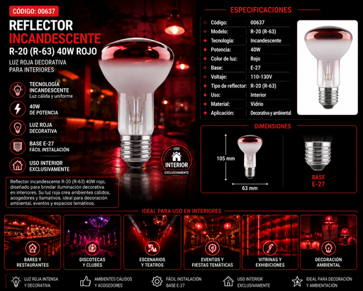 [00637] Reflector R-20 (R-63) 40W Rojo E-27