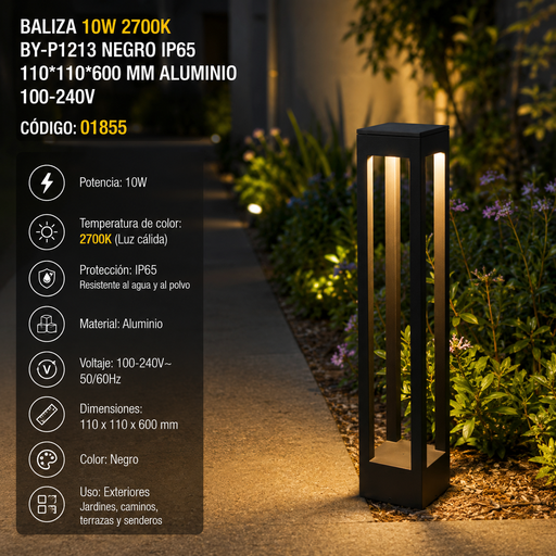 [01855] Baliza 10w 2700k BY-P1213 Negro IP65 110*110*600 MM Aluminio 100-240v