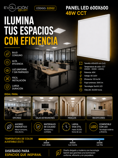 [02002] Panel 600X600 CCT 48w B29762 85-265V 100/lm/w 3840 L/M Backlit Blanco Roomlux