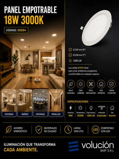 [06264] Panel Empotrable 18W 3000K 225mm (8¨) 208 mm (7¨) 1260 LM B29705 ROOMLUX