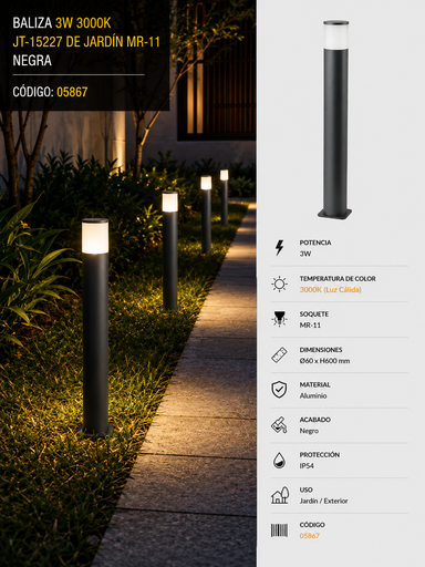 [05867] Baliza 3W 3000K JT-15227 de Jardín MR-11 Negra