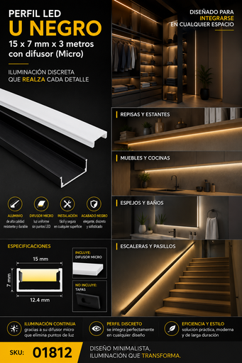 [01812] Perfil U 15 x 7 x 3 MT Negro Aluminio con Difusor (Micro)