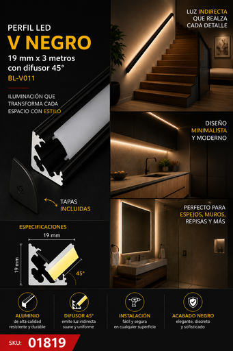[01819] Perfil V Negro19 mm x 3 Metros con Difusor 45º BL-V011
