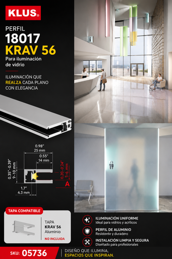 [05736] Perfil 18017 KRAV 56 para Iluminación de Vidrio KLUS