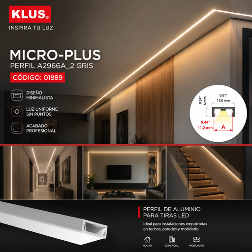 [01889] Perfil A2966A_2 Gris MICRO-PLUS Aluminio KLUS