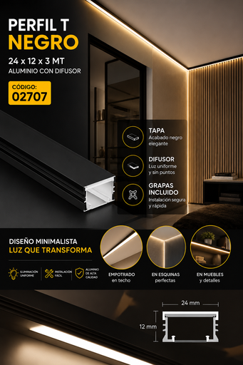 [02707] Perfil T Negro 24 x 12 x 3 MT Aluminio con Difusor