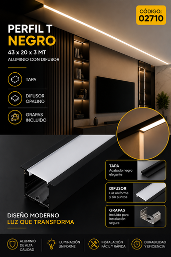 [02710] Perfil T Negro 43 x 20 x 3 MT Aluminio con Difusor