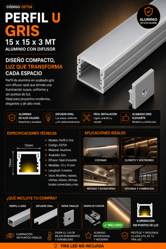 [02704] Perfil U Gris 15 x 15 x 3 MT Aluminio con Difusor