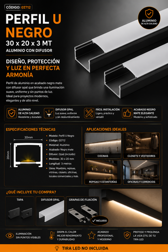 [02712] Perfil U Negro 30 x 20 x 3 MT Aluminio con Difusor